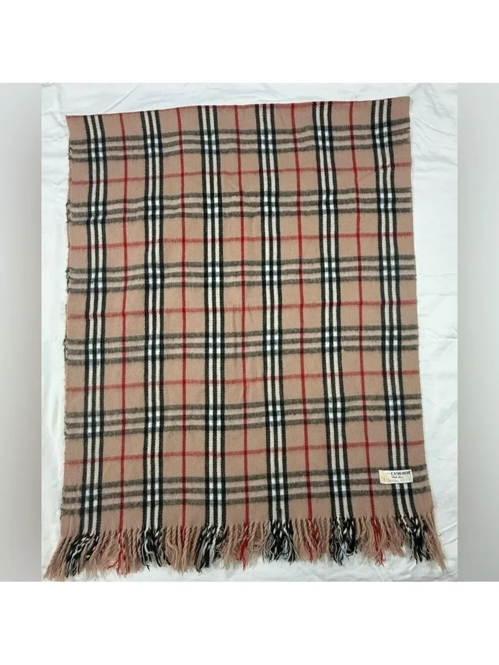 Royal Rossi Plaid Cashmere Wrap Shawl Blanket Scarf Tan Red Oversized Cozy